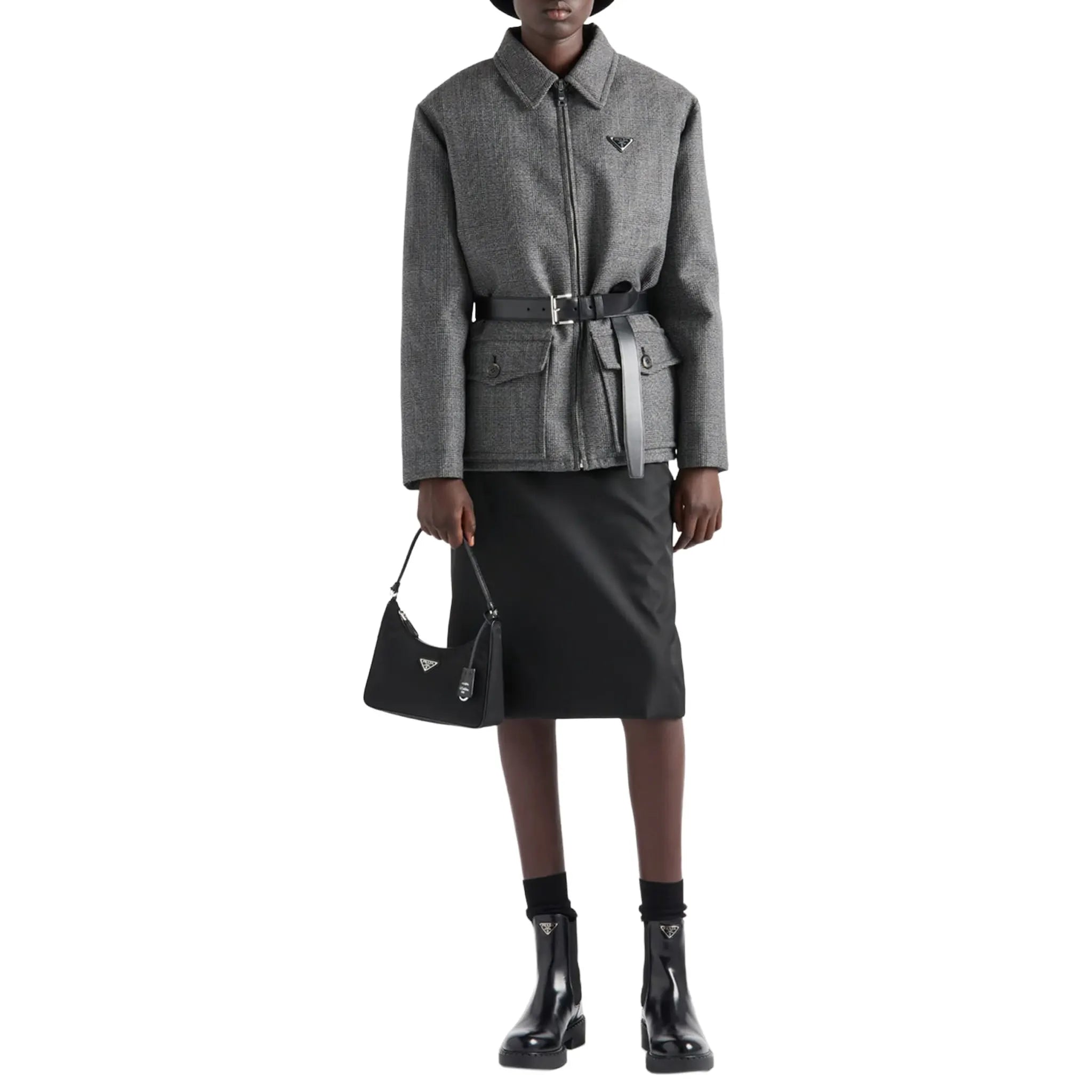 Model View of Prada Logo Re-Edition 2005 Mini Black Bag